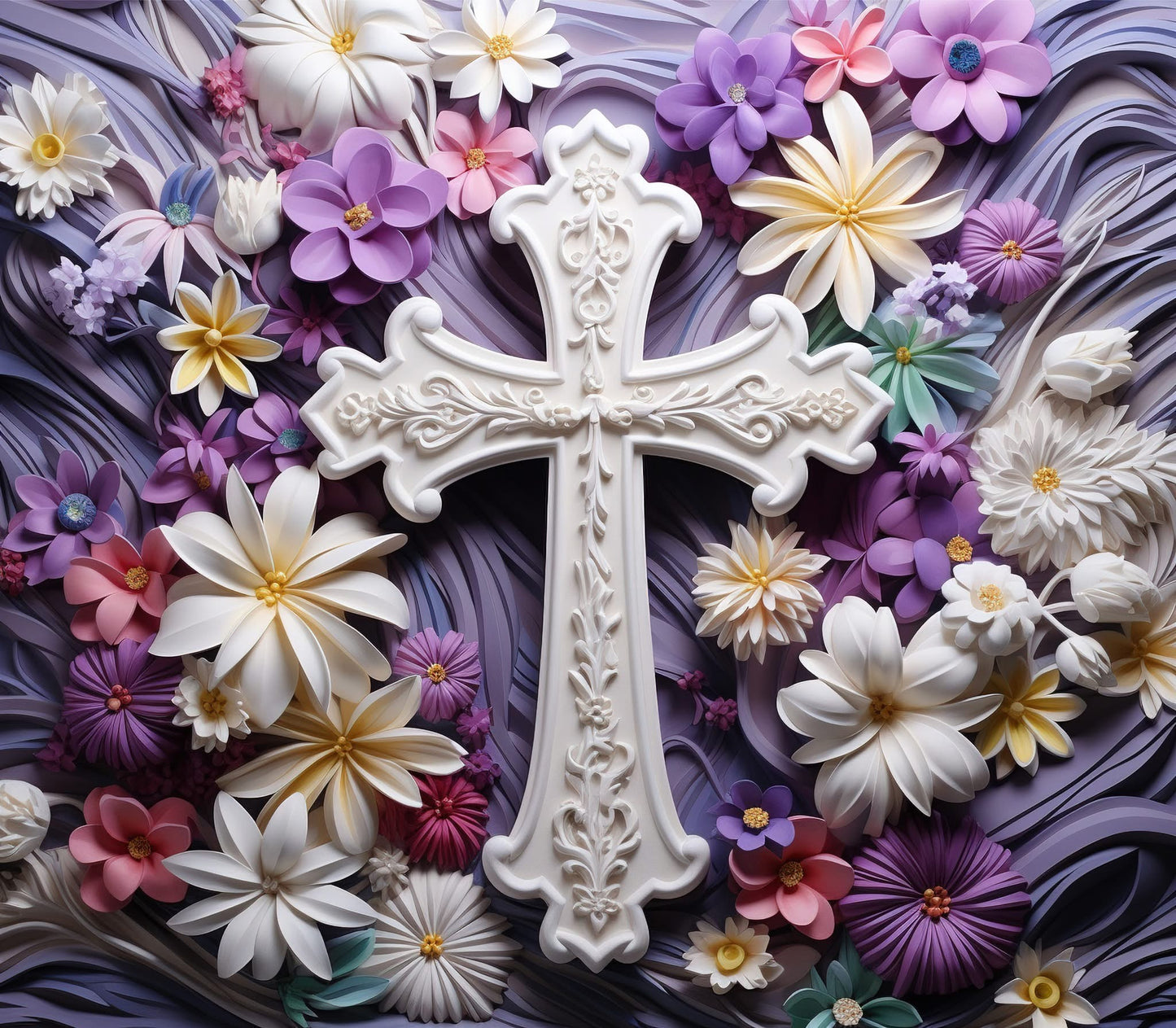 Intricately carved white cross amid vibrant pastel flowers on a purple textured background.