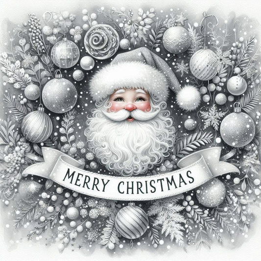 Illustration of Santa Claus surrounded by Christmas ornaments and foliage with 'Merry Christmas' banner.