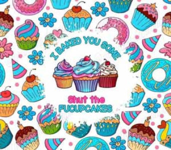 Colorful pattern of cupcakes, flowers, and text on a white background