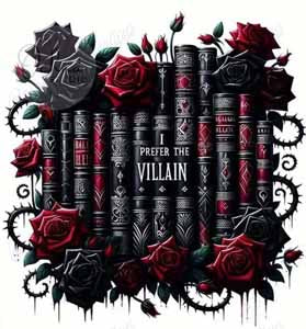 Decorative stack of black and red books surrounded by red and black roses and ornate vines, with Prefer the Villain.