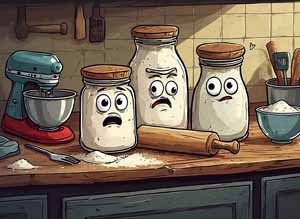 Three jars with faces sit on a kitchen counter beside a rolling pin and mixer.