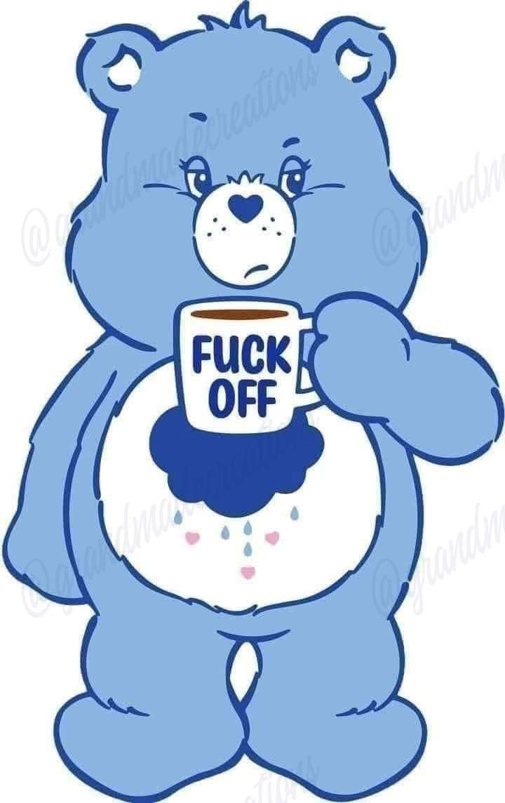 Blue bear holding a Premium 15 oz sublimation mug with bold 'FUCK OFF' text; dishwasher- and microwave-safe.