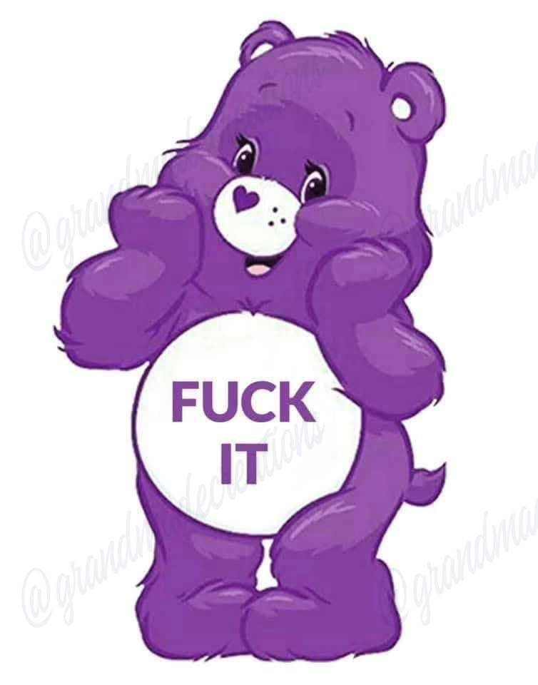 Purple teddy bear design with 'FUCK IT' on a white belly, for Premium 15 oz sublimation mug.