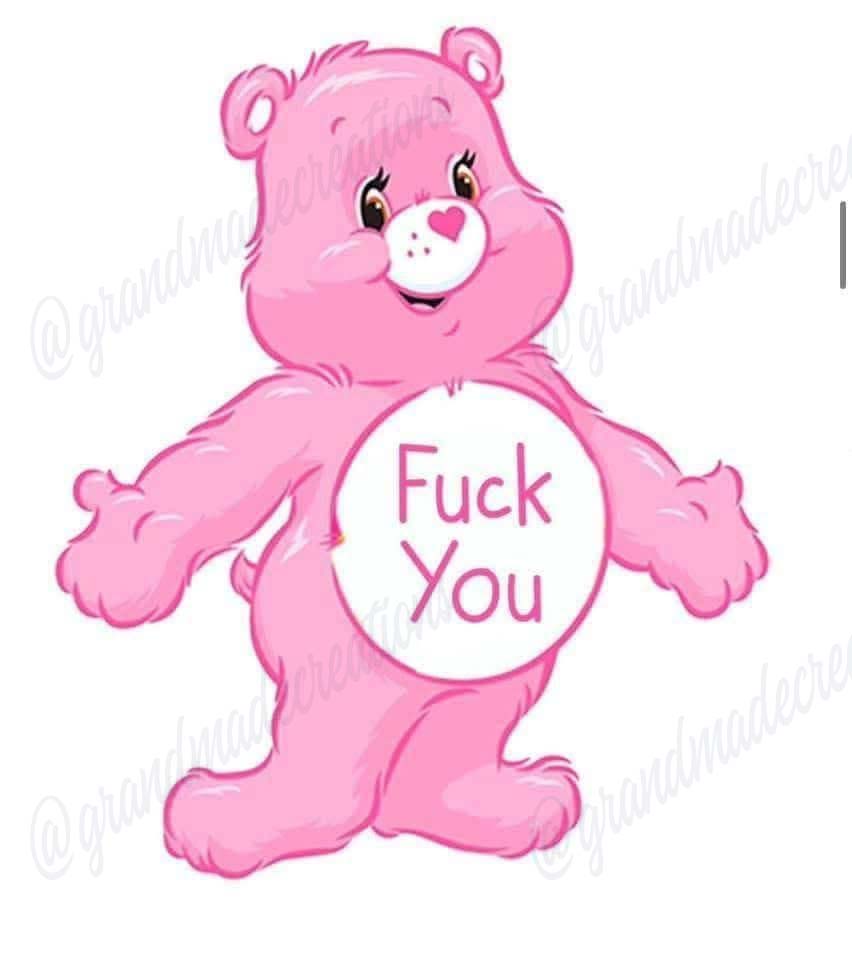 Pink cartoon teddy bear with a white belly that says Fuck You.