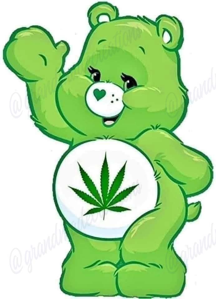 Cartoon green bear waving, white belly with cannabis leaf emblem.