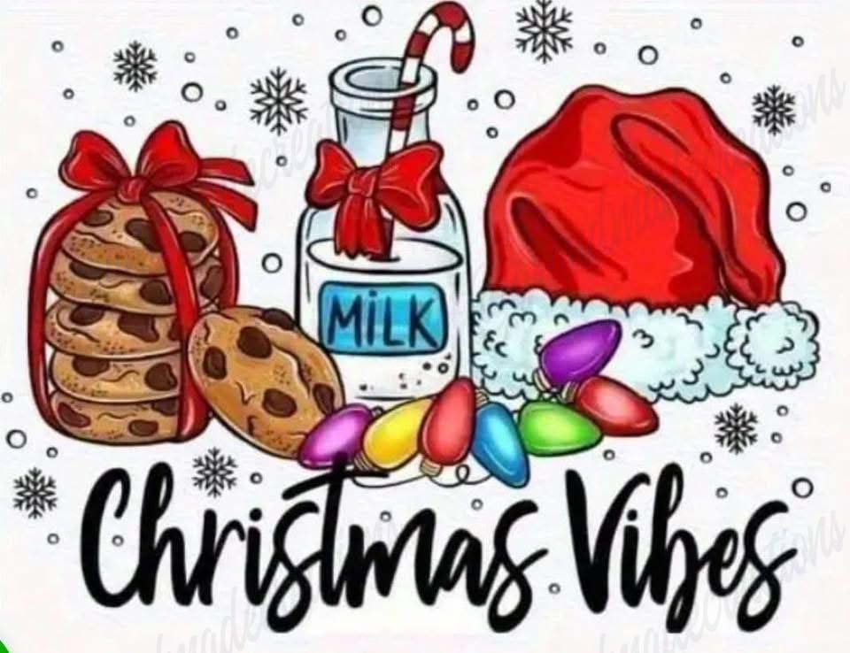 Illustration of cookies, milk, Santa hat, and colorful lights with 'Christmas Vibes' text on a white background.