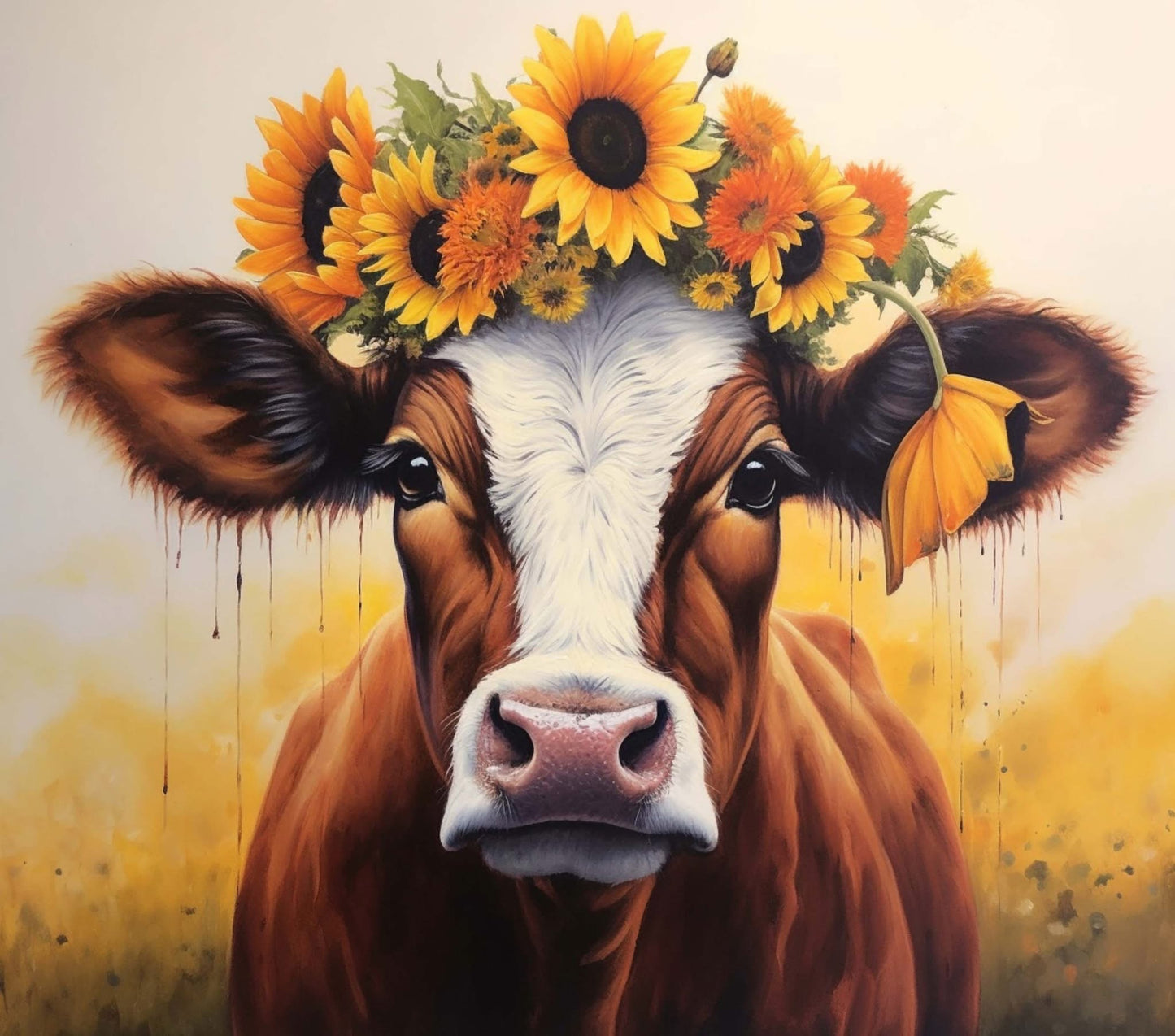 Cow with sunflower wreath on head against a yellow background