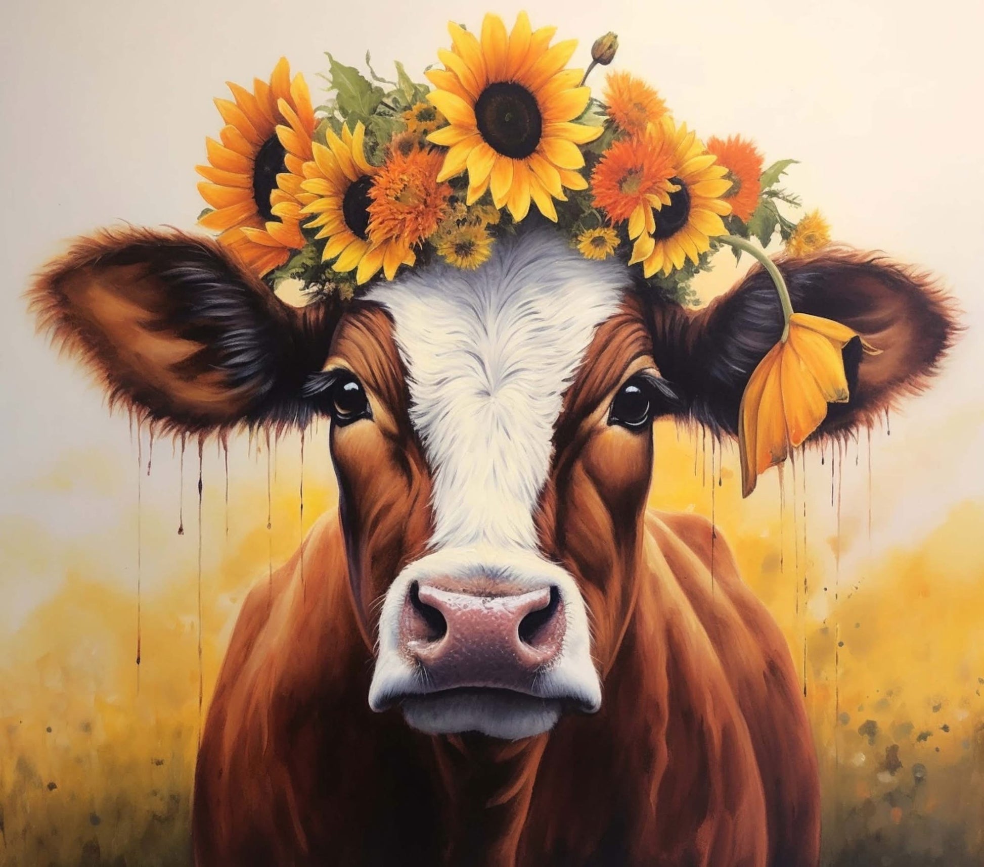 Cow with sunflower wreath on head against a yellow background