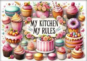 Cupcake-themed kitchen collage with a My Kitchen My Rules sign and an 11x8 tempered glass cutting board concept.