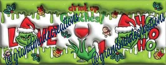 Decorative banner with festive text and graphics, including a wine glass and Santa hats, on a green background.