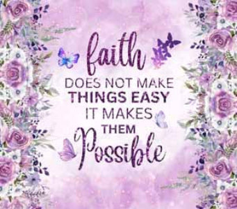 Floral-themed faith quote on purple background for 4-inch ceramic coasters; cork backing, set of four, customizable.