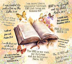 Decorative open Bible surrounded by watercolor flowers and scripture verses.