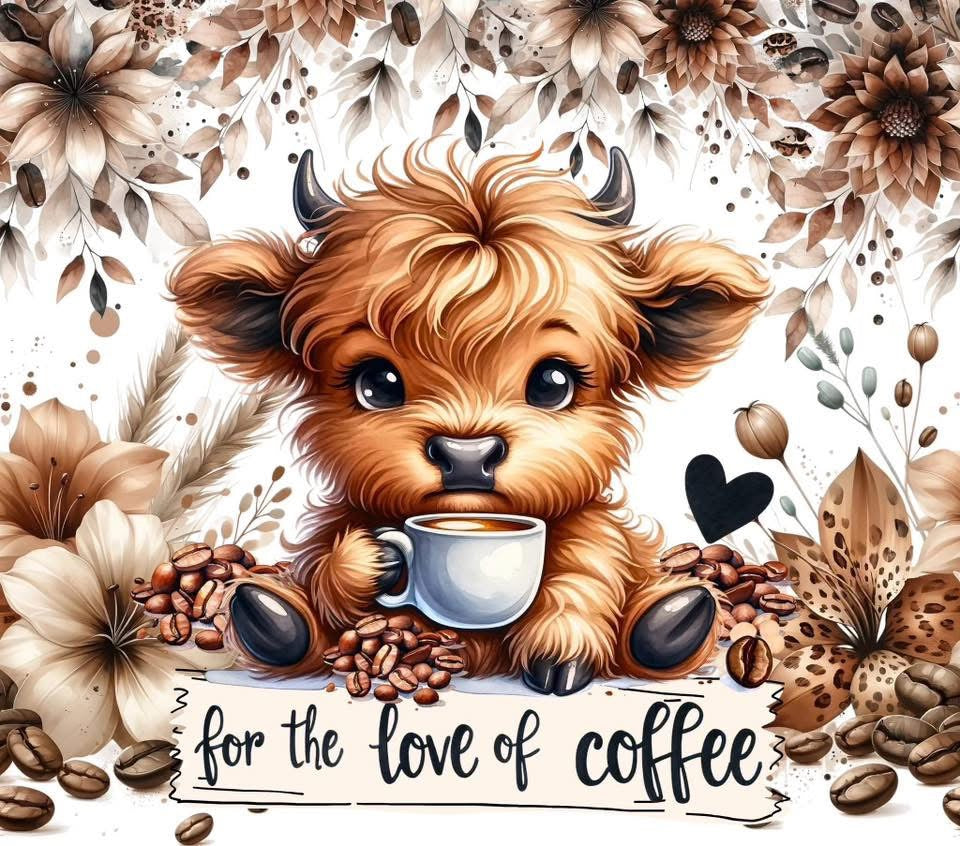 Illustration of a cute animal holding a coffee cup with floral and coffee bean background.