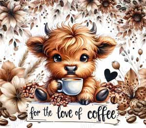Adorable fluffy puppy holding a coffee cup amid beige flowers on an 11x8 tempered glass cutting board design.