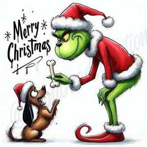 Grinch in a Santa outfit hands a bone to a dog in a Christmas cartoon.