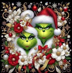 Grinch-like green faces in Santa hats among red and white flowers; 4-inch Ceramic Custom Coaster design.