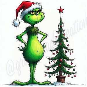 Grinch-like green character in a Santa hat beside a decorated Christmas tree, festive cartoon.