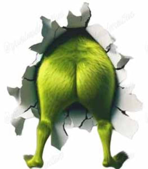 Green frog rear end protruding from torn wall.