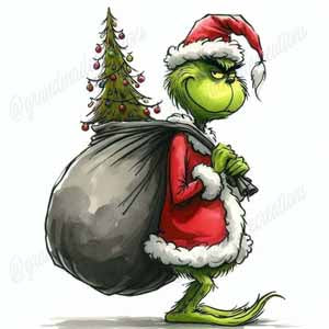 Grinch-inspired green Santa figure in a red suit, carrying a large sack and a Christmas tree.
