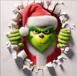 Grinch in Santa hat bursts through wall, promoting 4-inch Ceramic Custom Coaster set of four.