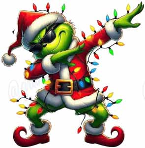 Grinch-like Santa character with Christmas lights beside 4-inch Ceramic Coaster set, 4 pcs, $20, personalization $5.