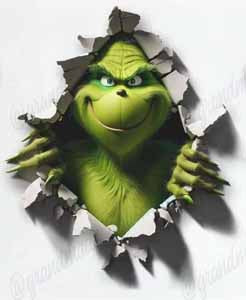 Green Grinch-like cartoon bursting through torn white paper, ideal for 4-inch Ceramic Custom Coaster sets.