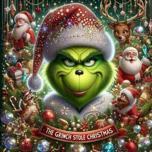 Grinch in Santa hat amid festive Christmas decor, perfect for 4-inch ceramic custom coasters.