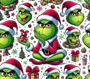 4-inch ceramic custom coaster set of four featuring Grinch Santa pattern with cork backing.