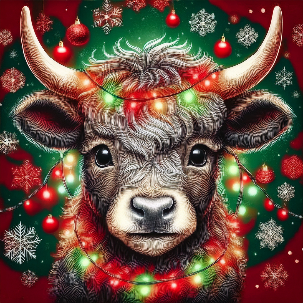Decorative image of a bull surrounded by Christmas lights, ornaments, and snowflakes on a red and green background.