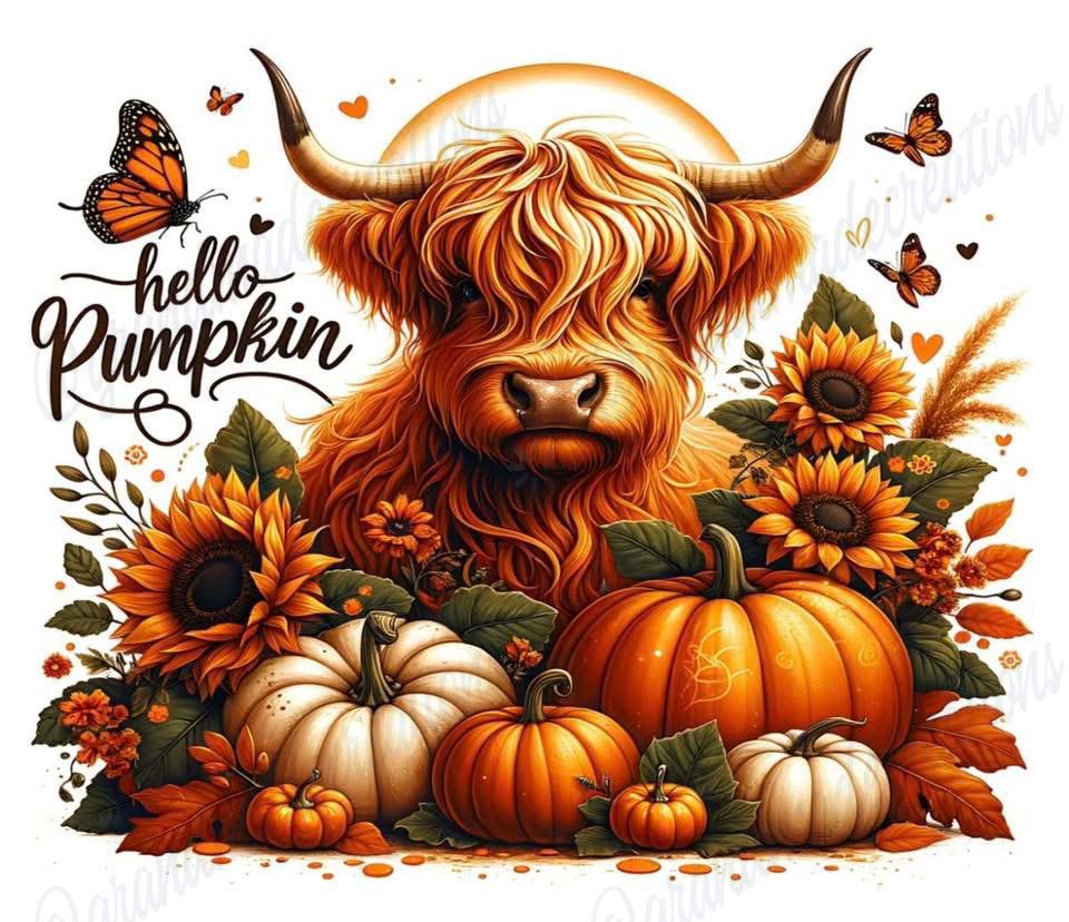 Cute cow with long hair surrounded by pumpkins, sunflowers, and butterflies with 'hello Pumpkin' text.