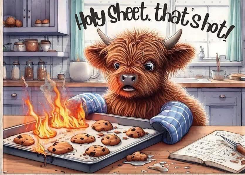 Cartoon Highland cow in a kitchen with cookies on fire and 'Holy Sheet, that's hot!' text.