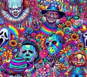 Vibrant clown and floral collage featuring whimsical faces in a rainbow palette