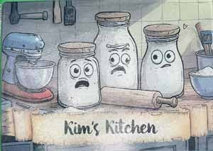 Whimsical kitchen illustration with cartoon glass jars and a 'Kim's Kitchen' sign.