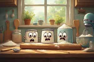 Whimsical kitchen scene: wooden cutting board on a counter with three animated jars in the background.