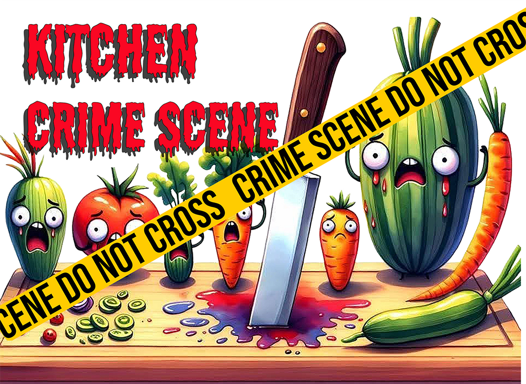 11x8 tempered glass cutting board with cartoon vegetables and knife under crime-scene tape