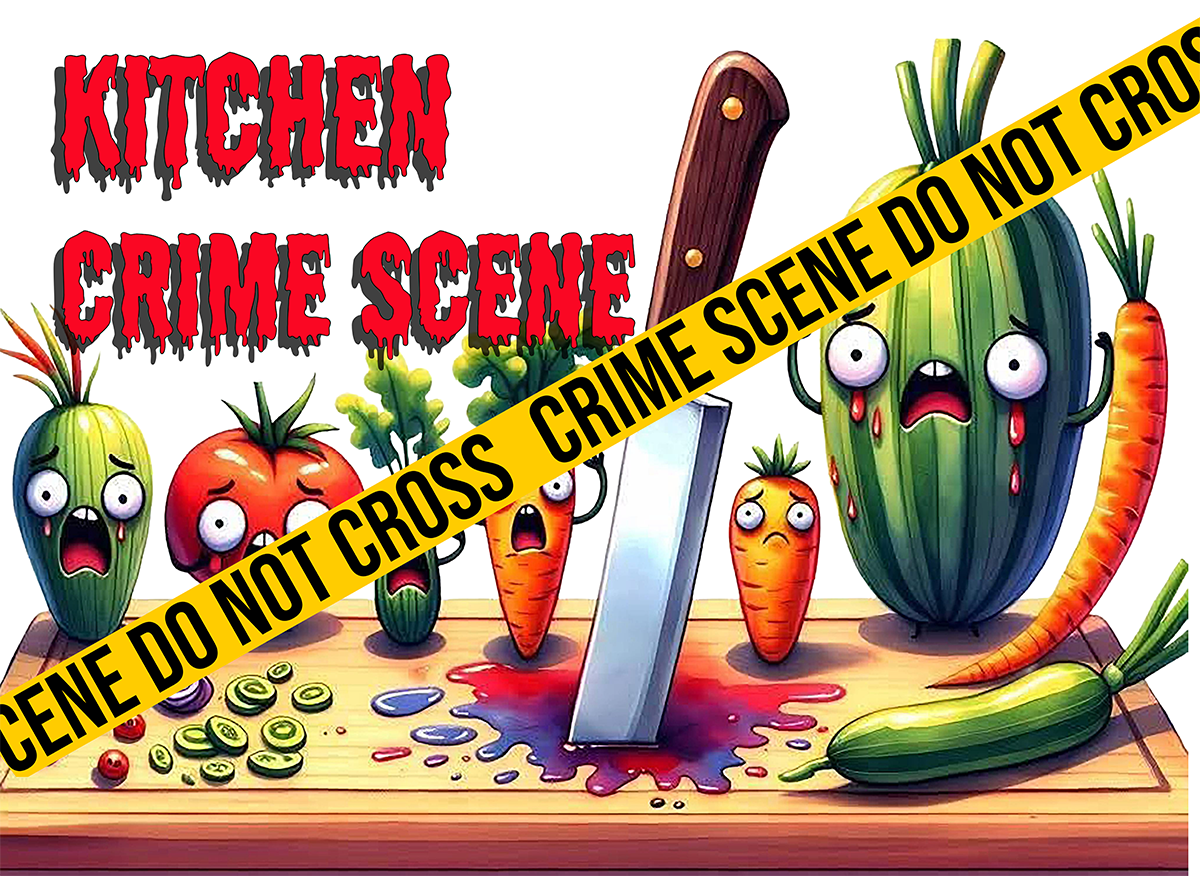 11x8 tempered glass cutting board with cartoon vegetables and knife under crime-scene tape