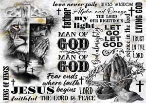 Monochrome lion head with a cross and scripture word-art collage.