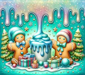 11x8-inch tempered glass cutting board featuring festive gingerbread people, gifts, and snowy decor.