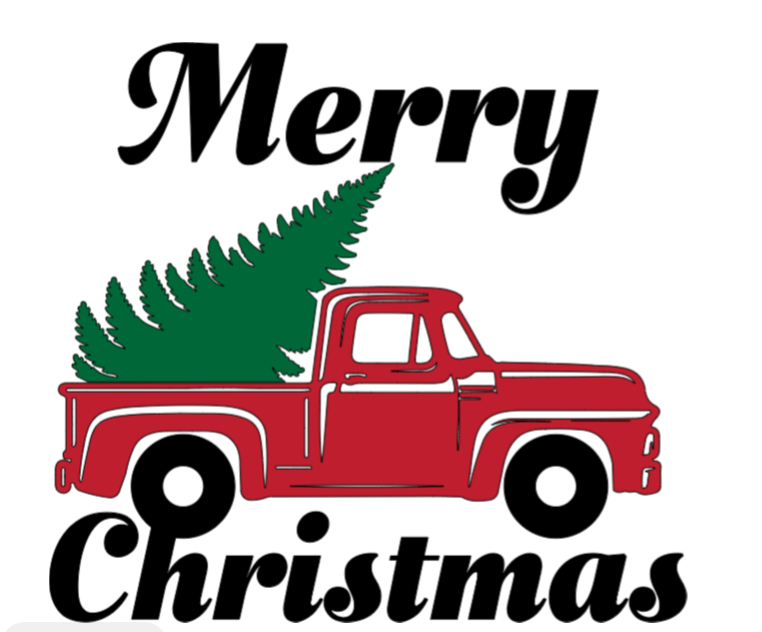Red truck with a Christmas tree on a white background with 'Merry Christmas' text.