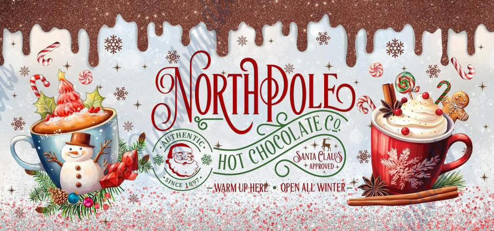 Festive North Pole Hot Chocolate Co banner featuring two 15 oz sublimation mugs, snowman and whipped-cream designs.