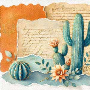 Watercolor desert scene with cacti, succulents, and torn parchment textures.