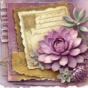 Decorative handmade card featuring layered papers and a purple succulent bouquet on a pink background.