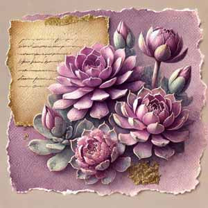 Purple succulent flowers on torn parchment background; a floral collage.