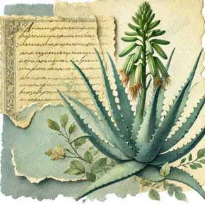 Aloe plant with torn parchment background in a botanical collage.