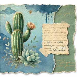 Desert cactus and succulent illustration with torn parchment note on a blue-green background