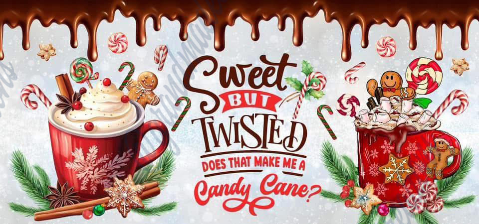 Pair of premium 15 oz sublimation mugs featuring candy canes, gingerbread, whipped cream, and chocolate drizzle.