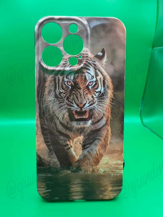 Phone case with a tiger design on a green background
