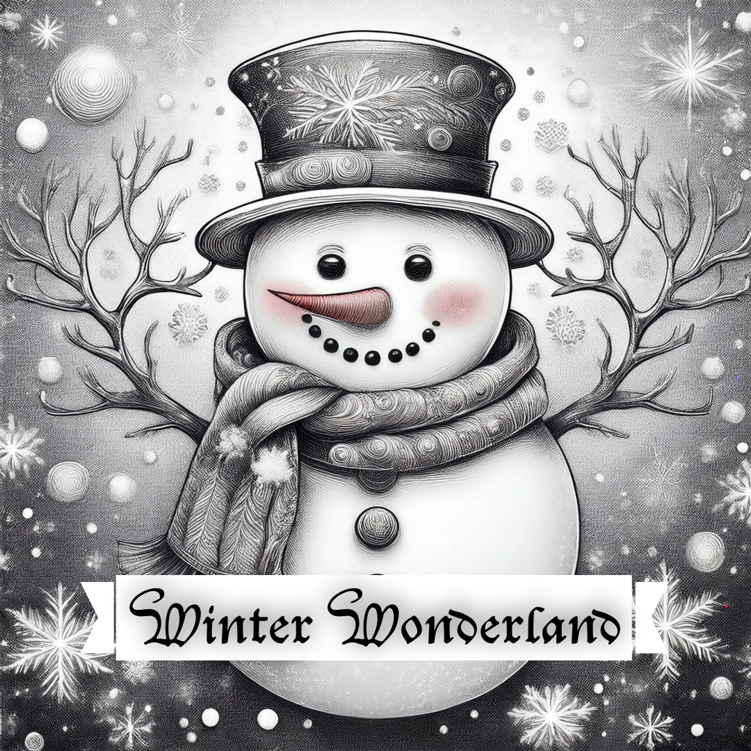 Illustration of a snowman with a top hat and scarf, surrounded by winter elements like snowflakes and branches, with 'Winter Wonderland' text.