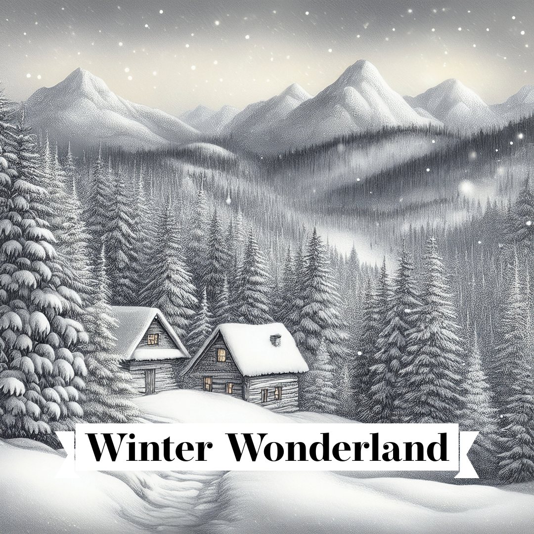 Winter wonderland scene with snow-covered houses and mountains, labeled 'Winter Wonderland'.