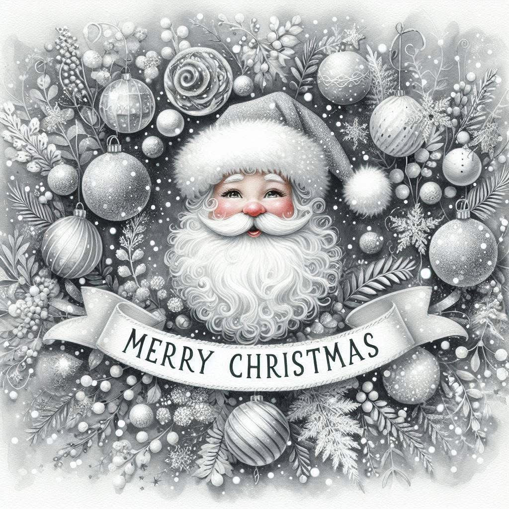 Illustration of Santa Claus surrounded by Christmas ornaments and foliage with 'Merry Christmas' banner.